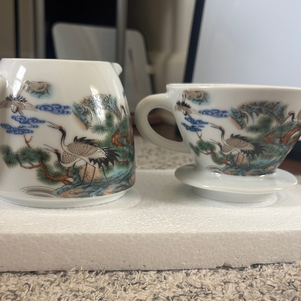 Porcelain Crane Motif Teacup and Creamer - White with Green & Blue